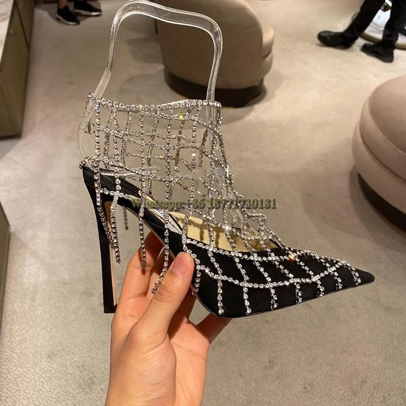 Sandálias shinestone preto malha hollow borla pontiaguda dedo dedo steletto 2022 Summer senhoras altas sapatos romanos presentes para mulheres e mulheres