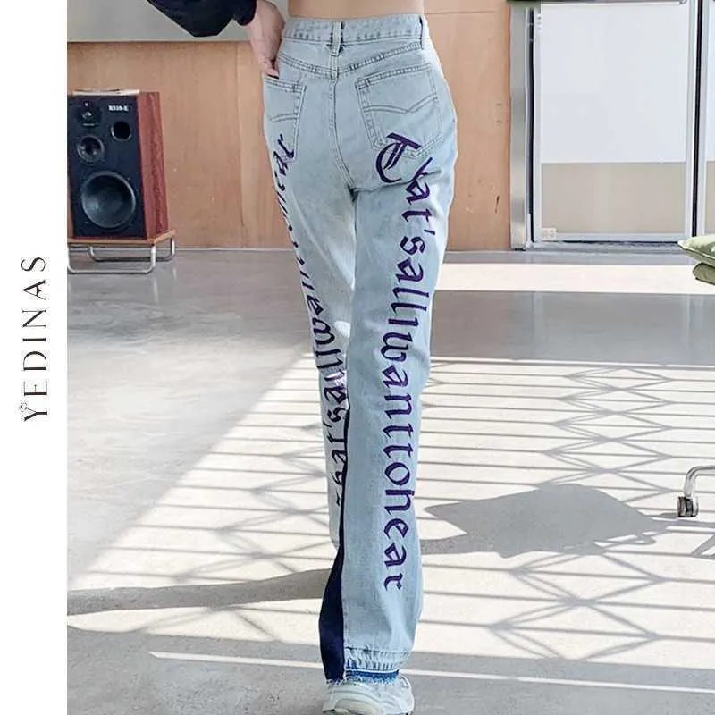 Yedinas Letter Print Casua Jeans Women Harajuku Patchwork Wide Leg Denim Pants Hoge Taille Lange broek Streetwear Mom 210527