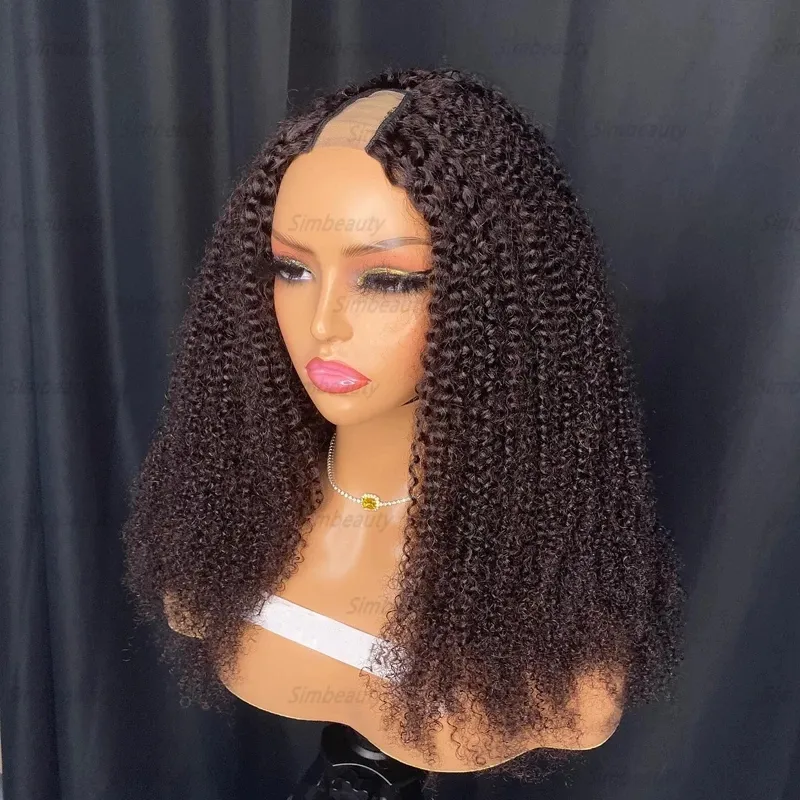 200 плотности afo Kinky Curly Middle 1x4 Открытие U Part Human Wigs для чернокожих женщин Натуральные длинные волосы американские парики с 6 -липами