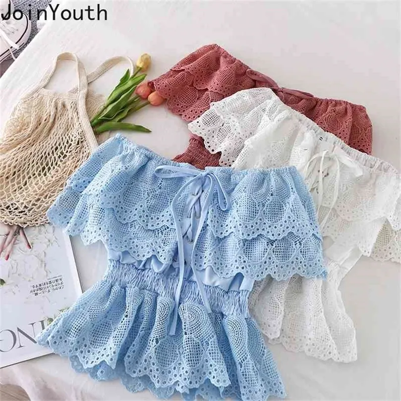 Joinyouth Womens Blouses Crop Tops Bandage Blusas Lace Flower Ruffles Off Shoulder White Blouse Sexy Korean Tunic Shirts Clothes 210326