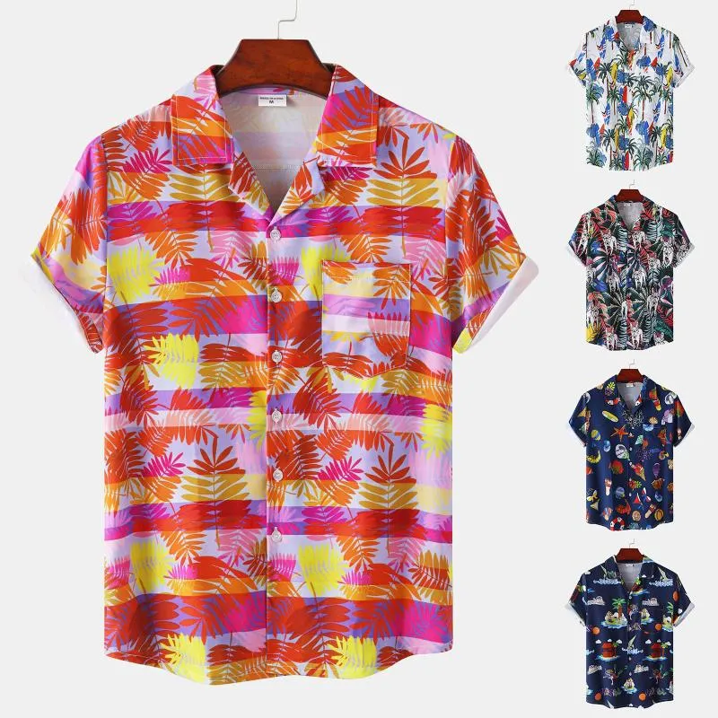 Men's Casual Shirts Summer Ethnic Shirt Men's Fashion Hawaiian Print Male Turn Down Collar Short Sleeve Blouse Button Loose TopMen's