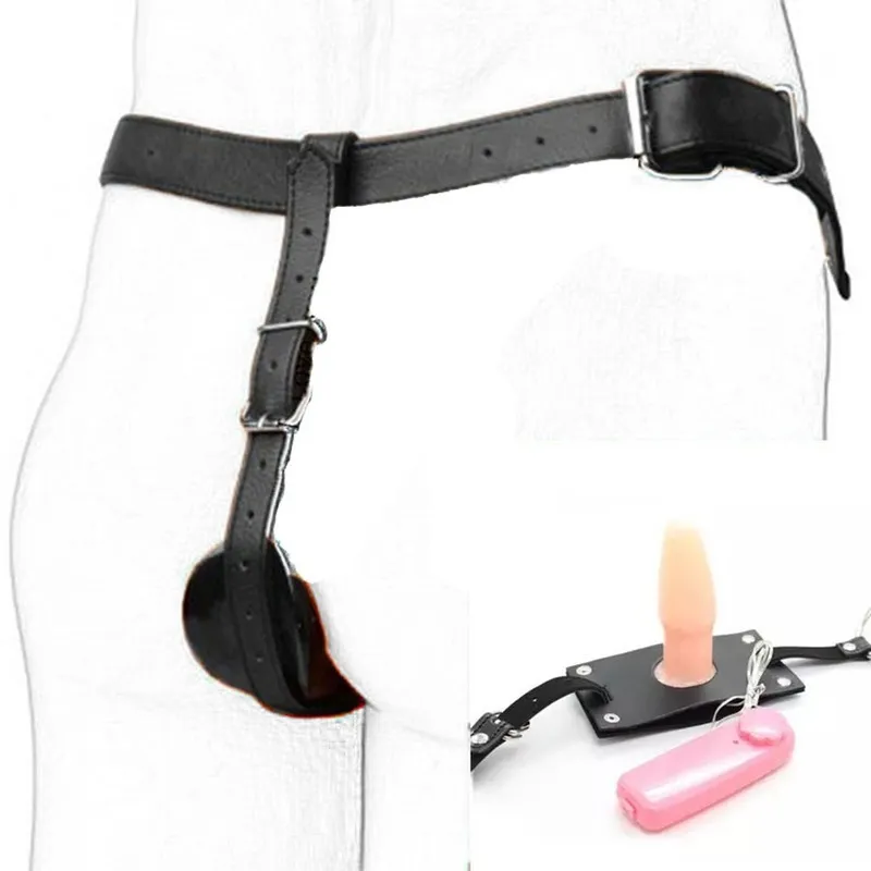 PU Leather Vibrating Butt Plug Harness Male Chastity Belt Device with Vibrator Anal Thong Panties for Men sexy Toys