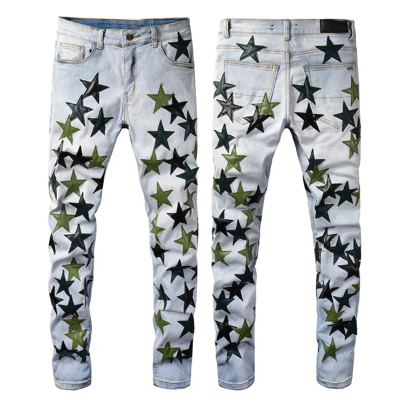 Blue Jeans Men Star Patch Slim Fit 11 Alta qualidade Biker calça de jeans Motociclo Men's Hip Hop Troushers 28-40