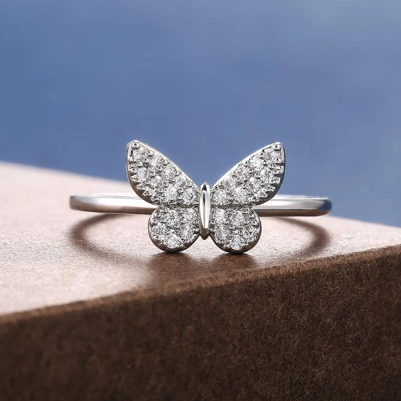 Cluster Rings CZ Butterfly For Women Shiny Rhinestone Silver Color Adjustable Female Jewelry Accessories GiftCluster