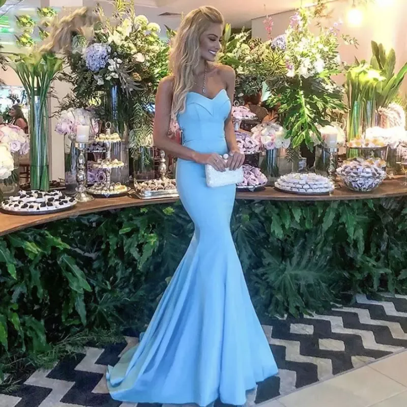 Sexy Simple Light Sky Blue Mermaid Prom Dresses Strapless Floor Length Pleats Formal Dress Vestido De Noiva Robe De Soiree Evening Party Satin Gowns Custom Made