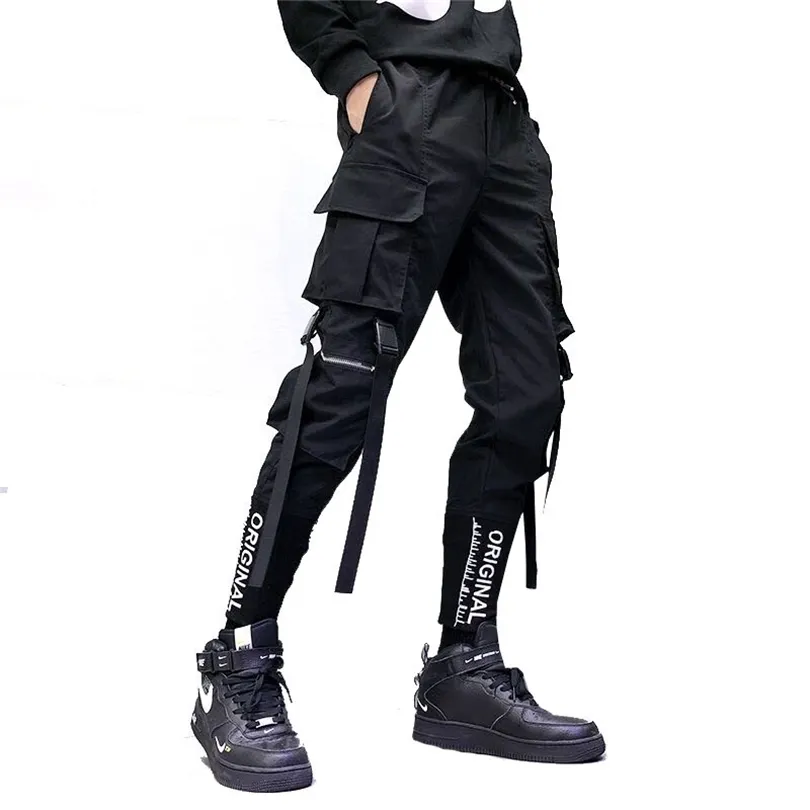 Hip Hop Men Ribbons Cargo Pants Fashion Harajuku Elastic Waist Casual Streetwear Mens Joggers Trousers Black 220704