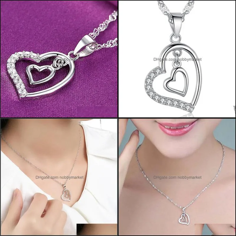 Diamond Heart necklace Double hearts pendant necklaces chain women children fashion jewelry