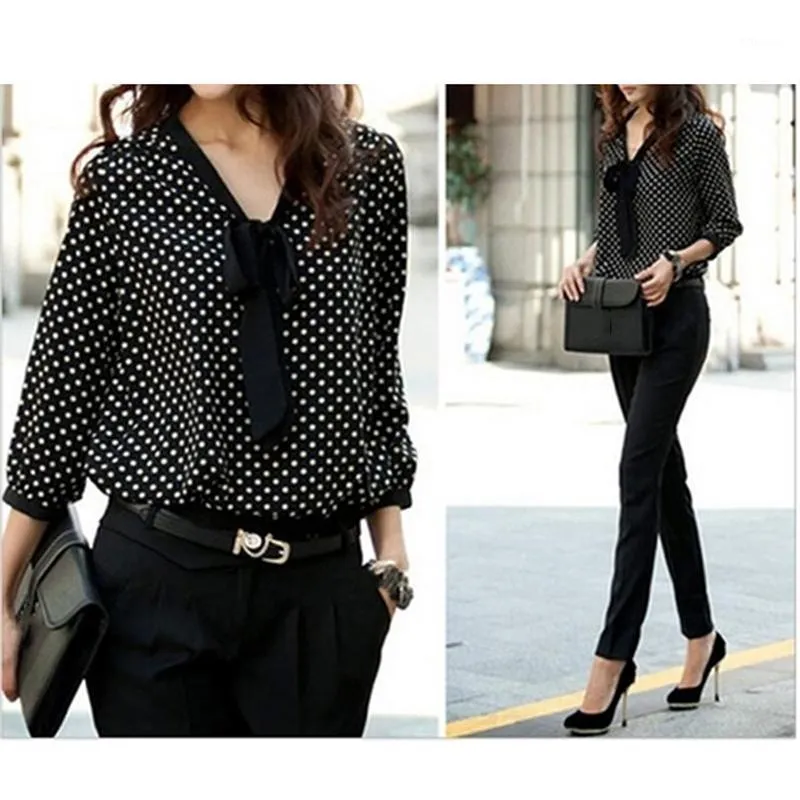 T-shirts Bow Collar Office Blouse Långärmad Kvinnor Fashion Black Dot Print Chiffon Shirt Womens Tops and Blouses