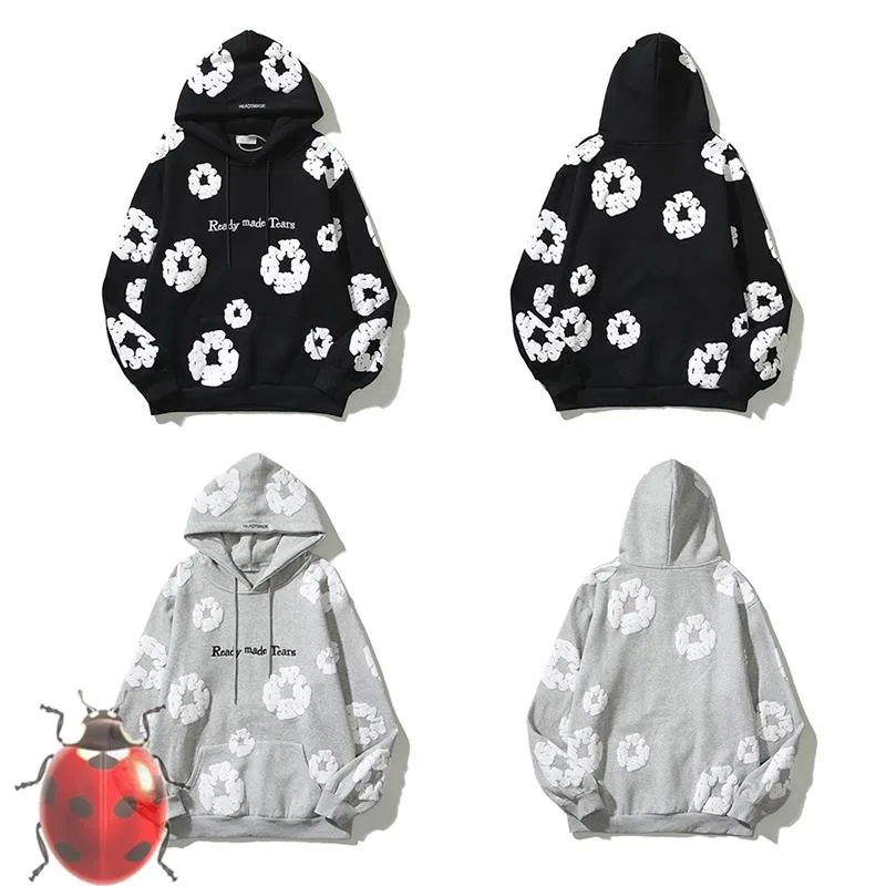 Heren Hoodies Sweatshirts Winter Readymade Foam Flower Hoodie Mannen Vrouwen Oversized Hoge Kwaliteit Pullover Cap Geborduurd Wit Logo TagHeren