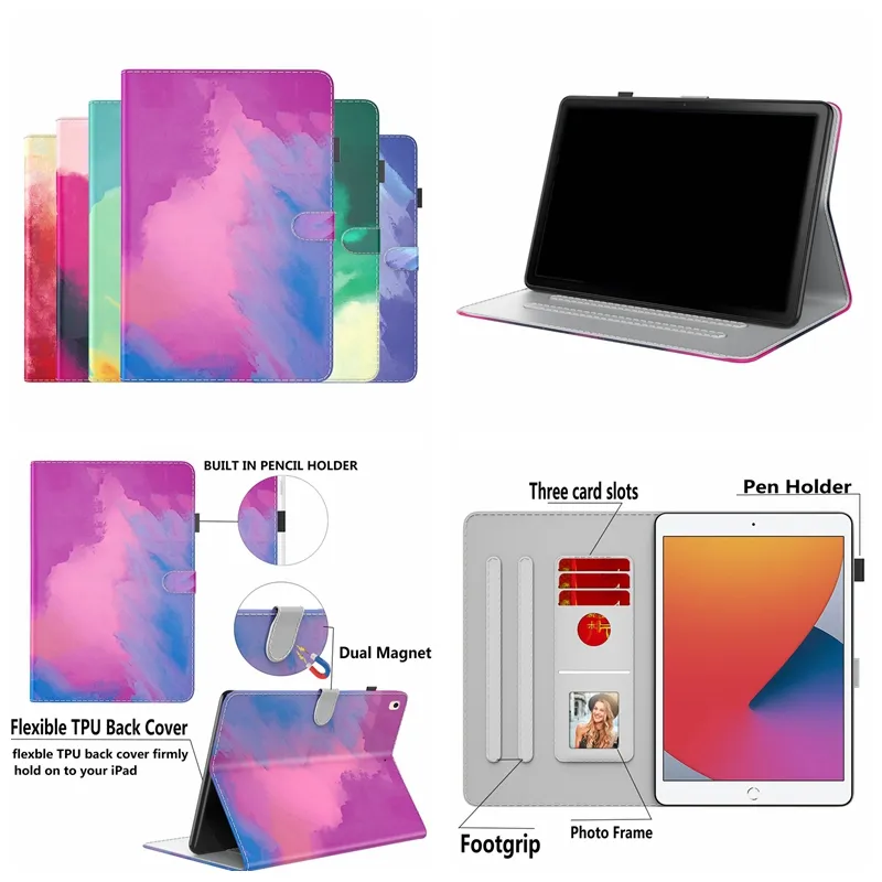Pintura Color de tinta Casos de cuero de tinta para iPad Pro 12.9 11 PRO11 Air4 10.2 10.5 5 6 7 8 9.7 Cloud Watercolor Flip Smart Covert Id Id Id Card Slot Pouch