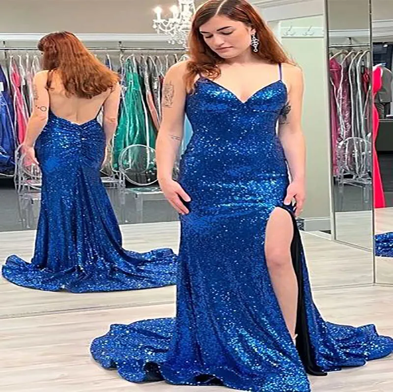 Glitter Blue Sequin Prom Dresses 2022 Spaghetti Straps Mermaid Long Evening Dress Sexy Backless Night Formal Party Slit Gowns Sparkly Women Graduation Party