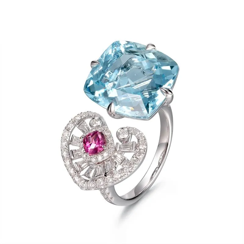 Anneaux De Mariage Exquis Mer Bleu Zircon Pierre Argent Couleur Anneau Pour Les Femmes Bling Cristal Romantique Amour Coeur Ouvert Partie Bijoux De Mariage