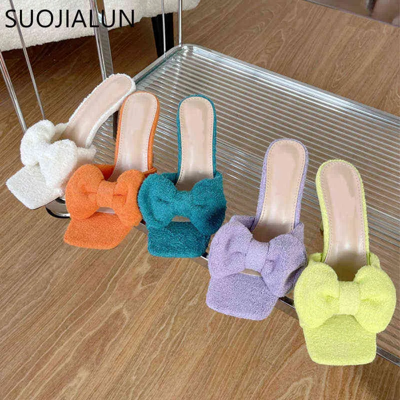 Suojialun 2022 Nya varumärkeskvinnor Slipper Fashion Corduroy Thin High Heel Ladies Sandal Elegant Bow-Knot Peep Toe Dress Slides Shoe 220627