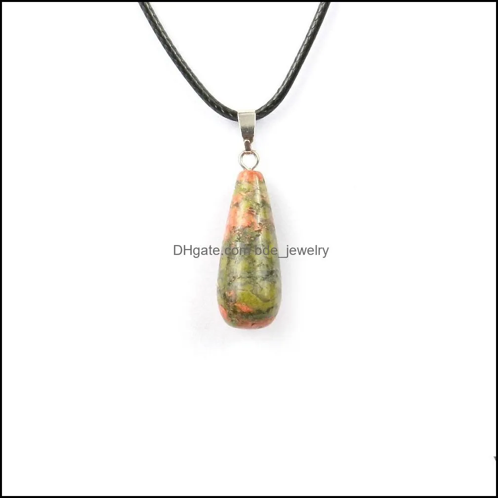 natural stone crystal quartz opal long water drop pendant & necklace leather chains for men women fashion jewelry