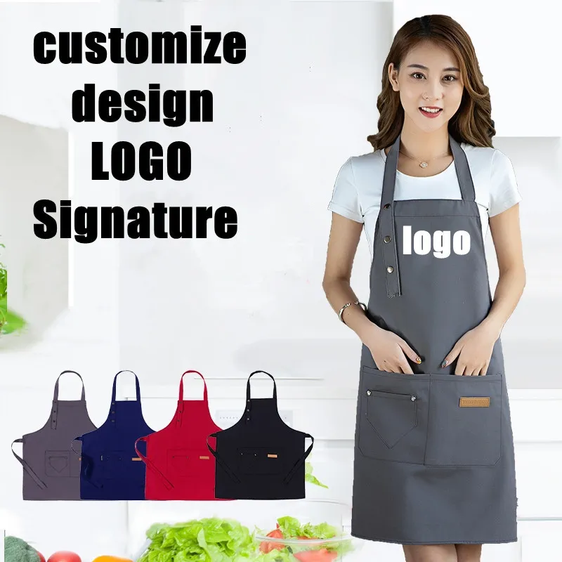 Custom design unisex canvas work apron adjustable black bib waiter pub salon cafe kitchen apron with tool bag oem wholesale 220608