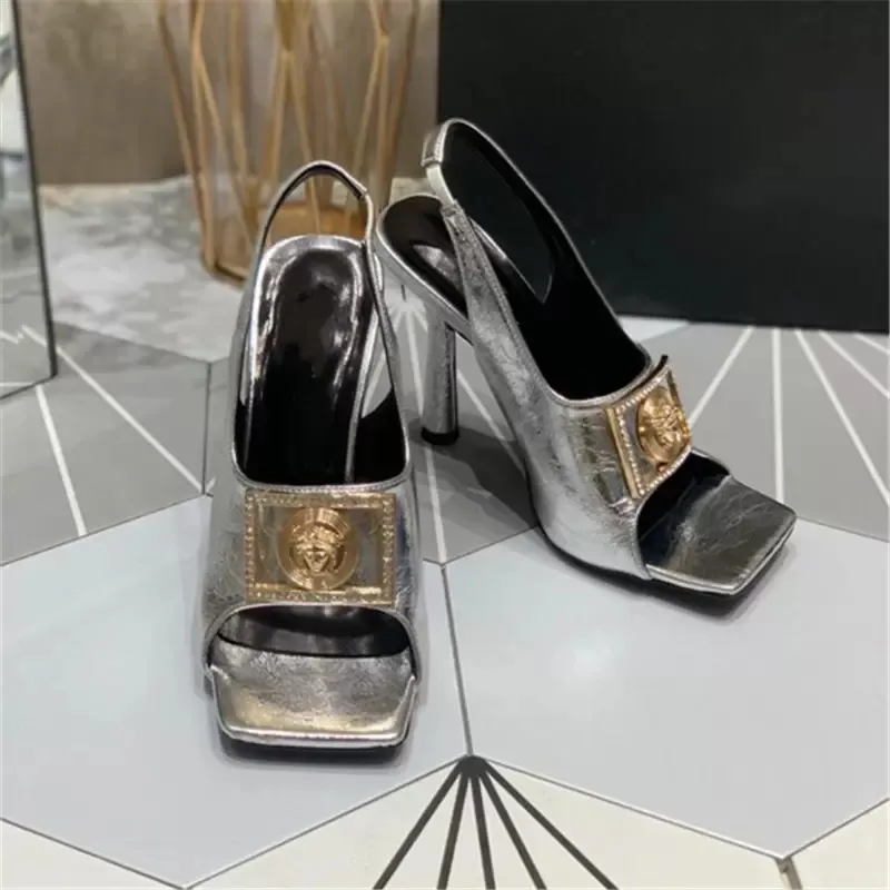 Sandal Series High Heel Womens Shoes Satin Gloss With Creative Hardware Decoration Shallow Mouth Exposed Shoes Size 35-39