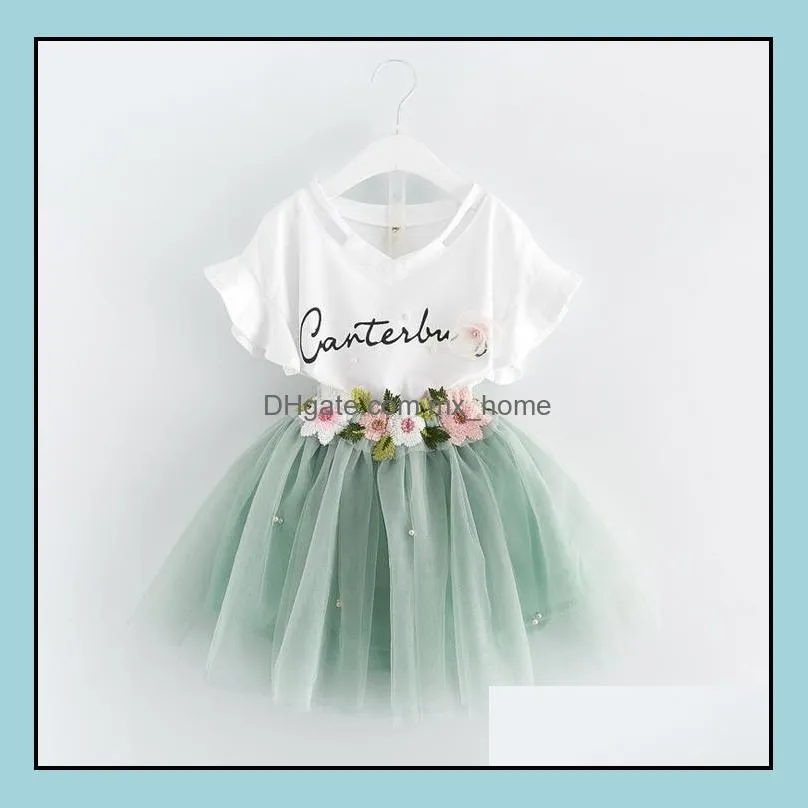 Clothing Sets New Summer Girls Dress Set Baby Kids Letters Cotton Tshirt And Embroidery Flower Lace Tle Skirt 2Pcs S Mxhome Dhfw4