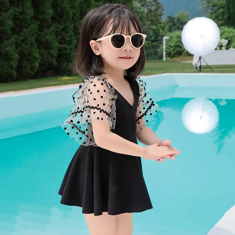 Big Girls Princess Two-Pieces Swimsuit Children Polka Prickar Fly Slleve Dress Swim Trunks Swimwear Big Kids Cute Student Spa Beach Bathing Suit S2061