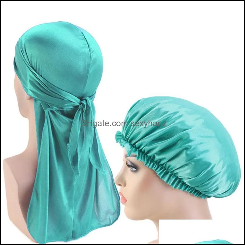 solid color 2pcs set women satin night sleep caps mens bonnet lover couple hat fashion accessories