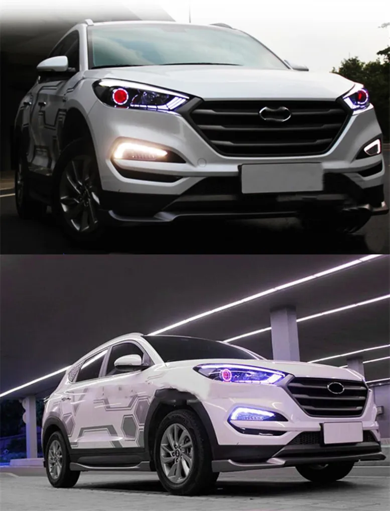 Pair Of LED DRL Headlight Assemblies For Hyundai Tucson 2016-2018 – With Projector, Black Housing
