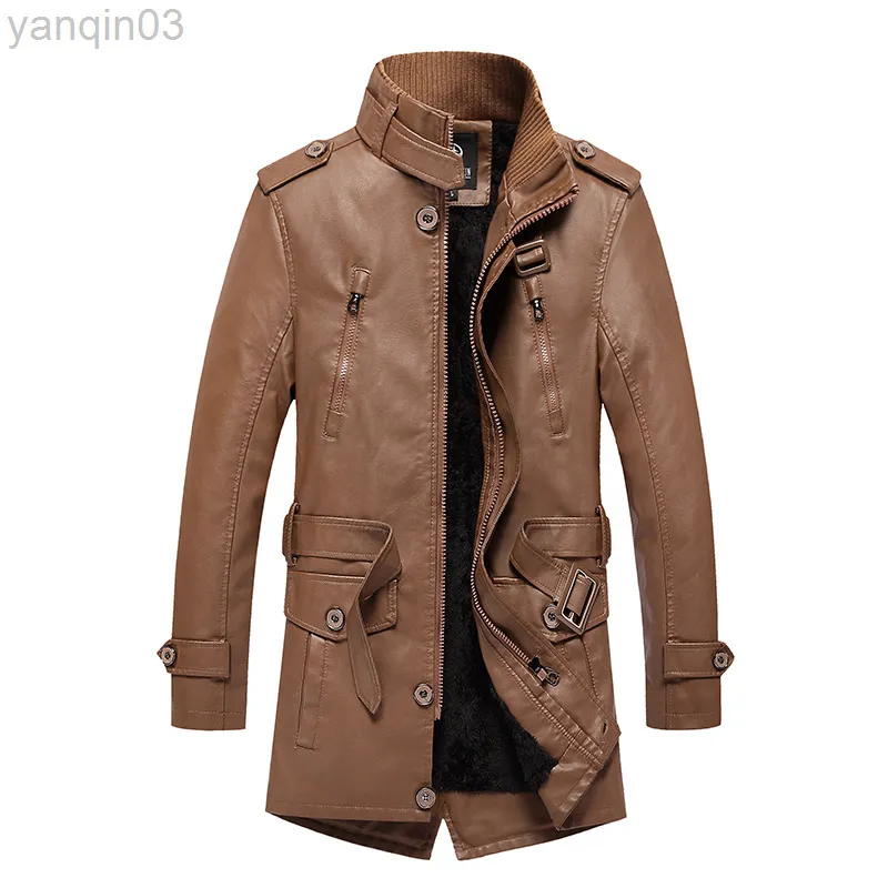 Joobox 2022 Winter-Mann-Trenchcoat aus Kunstleder, Reißverschluss, Gürtel, Taillenklappe, aufgesetzte Taschen, Parka mit Kunstfell-Futter L220801