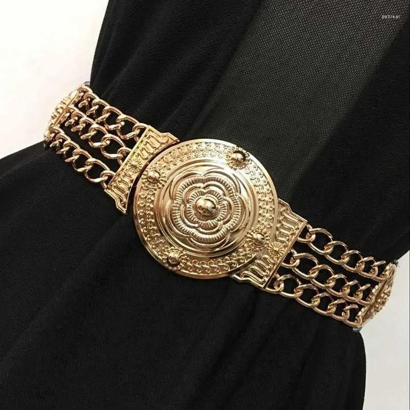 Belts Women Flower Gold Fashion Ladies Floral Elastic Metal Waist Belt For Dress Female Golden Chain Corset BeltBelts