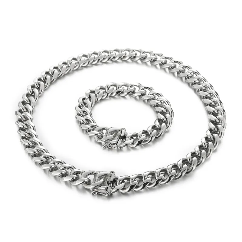 Large Heavy 15MM 8.26in 24in Mens Necklace Bracelet Jewelry Set Stainless Steel Smooth Cuban Curb Link Chain High Polishe for Mens