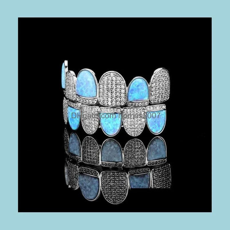 Hip Hop Gold Plated zircon braces with sky blue opal gem teeth Grillz Men Women`s Top&Bottom Grills Set