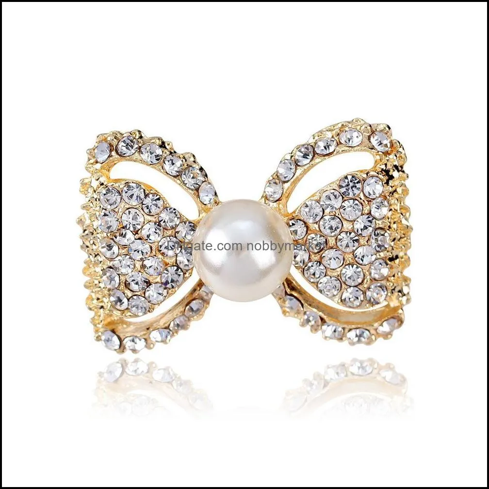 Rhinestone Bow Brooch Gold Silver Color Simulated Pearl Brooches Pins for Wedding