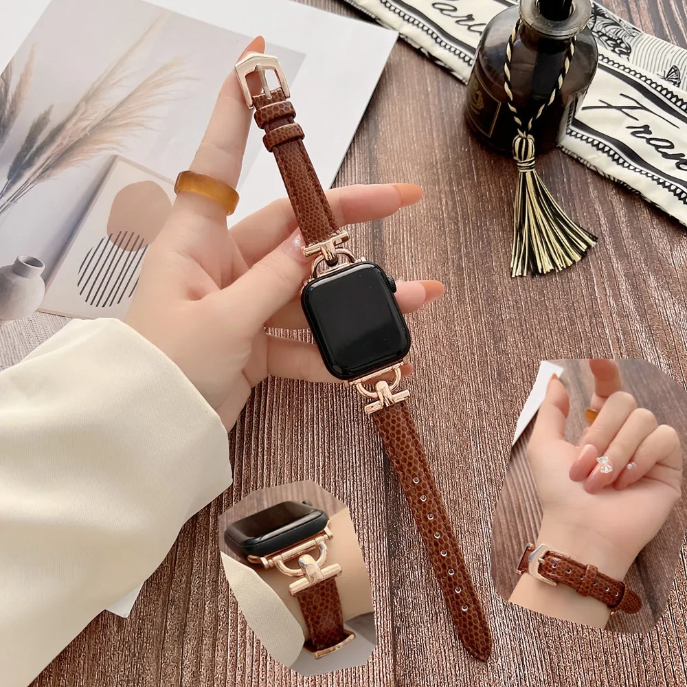 Leather Apple Watch Band With Embossed Pattern Slim Strap  display picture 3