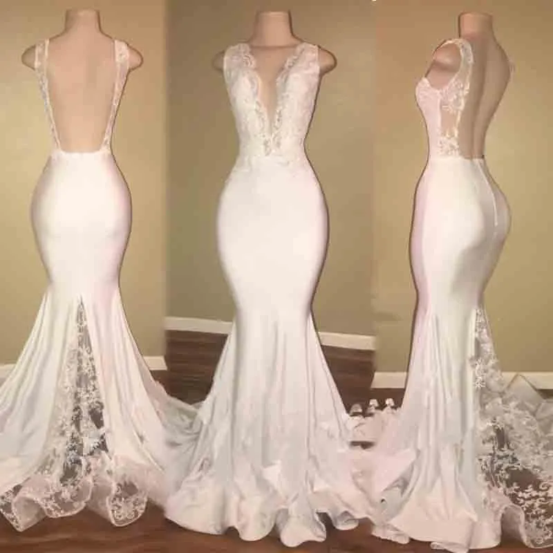 Sexy witte zeemeermin prom jurk 2022 Deep v nek kanten trein zwarte meisjes avondjurken satijn elegant aso ebi formele feestjurken vestidos de noche chic vestidos gala