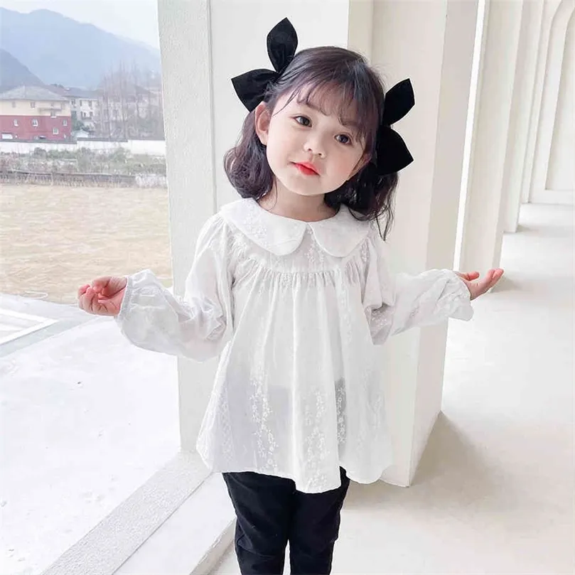 Girl White Blue Floral Children's Shirts For Girls Toddler Children's Blue for Girls Spring Autumn Girls Clothes 210412