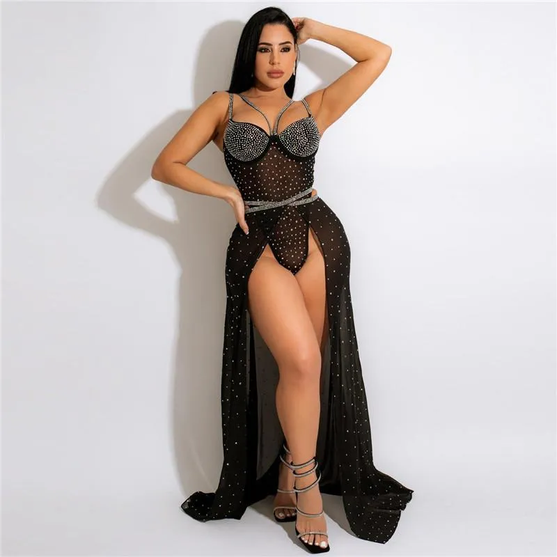 Robes de travail mode col en v brillant diamant fronde combinaison et taille haute jupe en tulle été fête luxe femmes costume travail