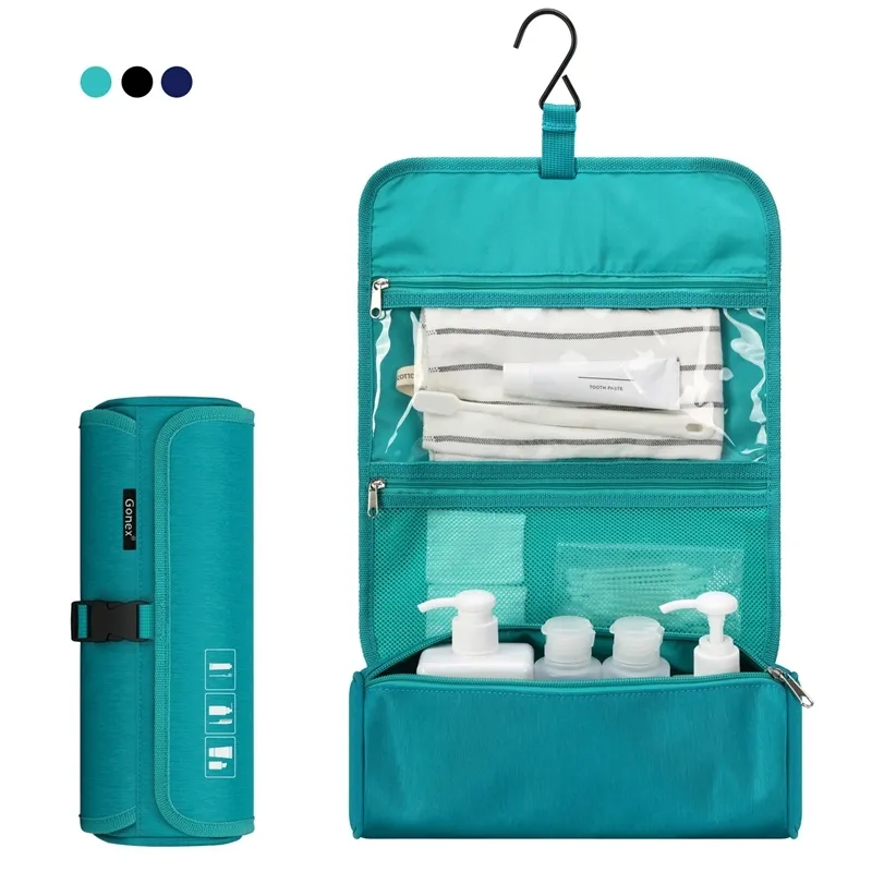 Gonex Cylindre Voyage Trousse de toilette Suspendu Organisateur cosmétique Sac de maquillage étanche avec crochet intégré 210305