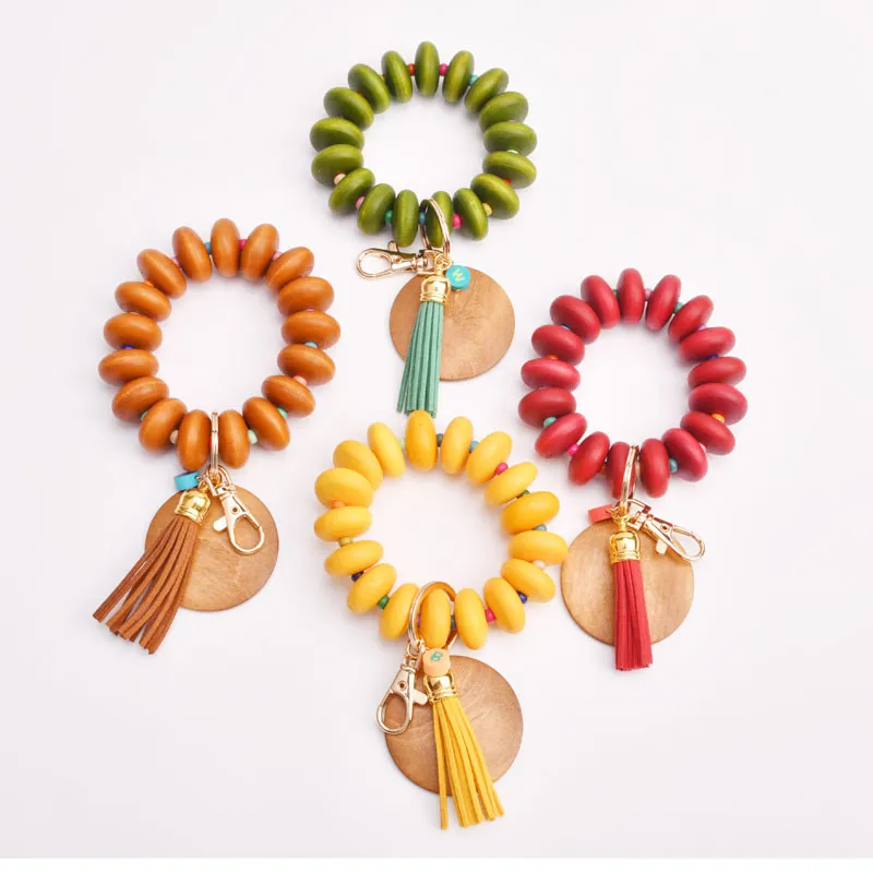 Beadered Bracelet Bulechains DIY Blank Wood Chip Tassel Tassel Cool Pante Portable Key Gift Keyring DE629