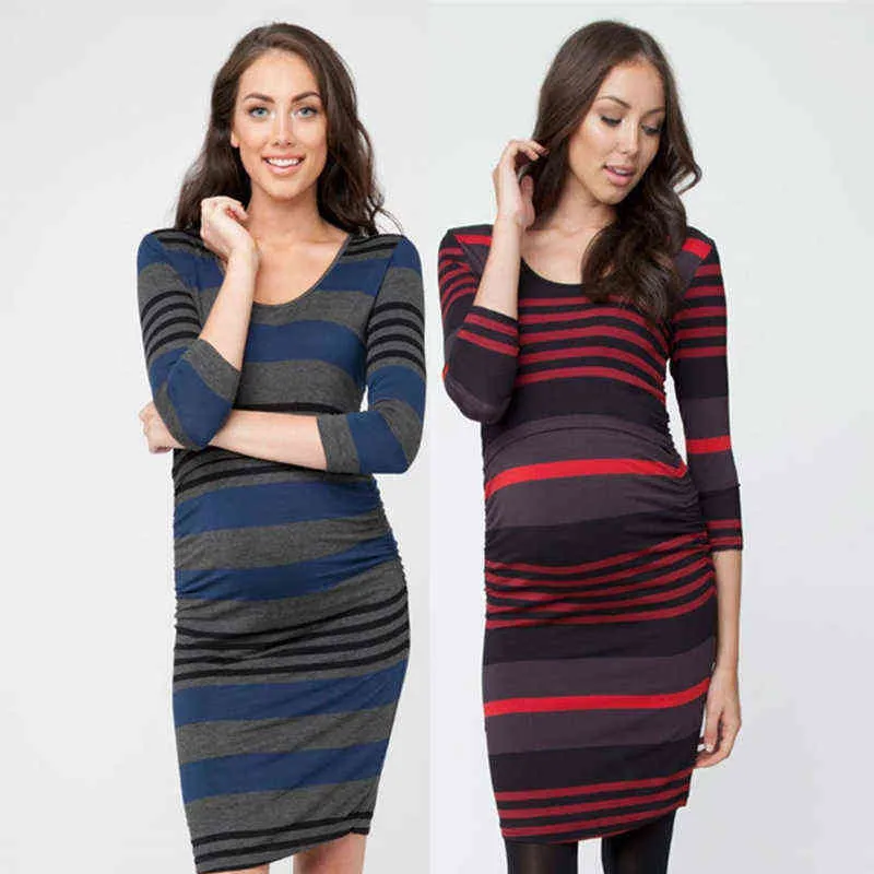 Maternity Dresses Pregnant Woman Clothes Pregnancy Mama Dresses Nine Points Long Sleeve Striped Casual Nursing Dress 2021 G220309