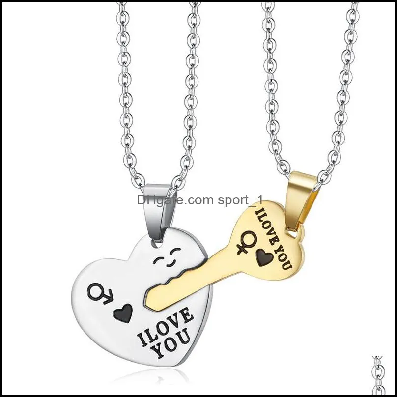 personality romantic couple jewelry iloveyou creative heartshaped key pendant necklace stainless steel accessories couple fashion