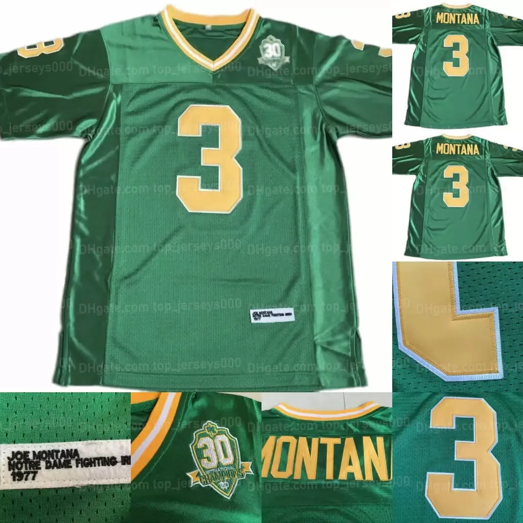 Men's 3 Joe Montana 1977 NCAA College Football Jersey Notre Dame Fighting 아일랜드 유니폼 스티치 그린 S-XXXL 최고 품질