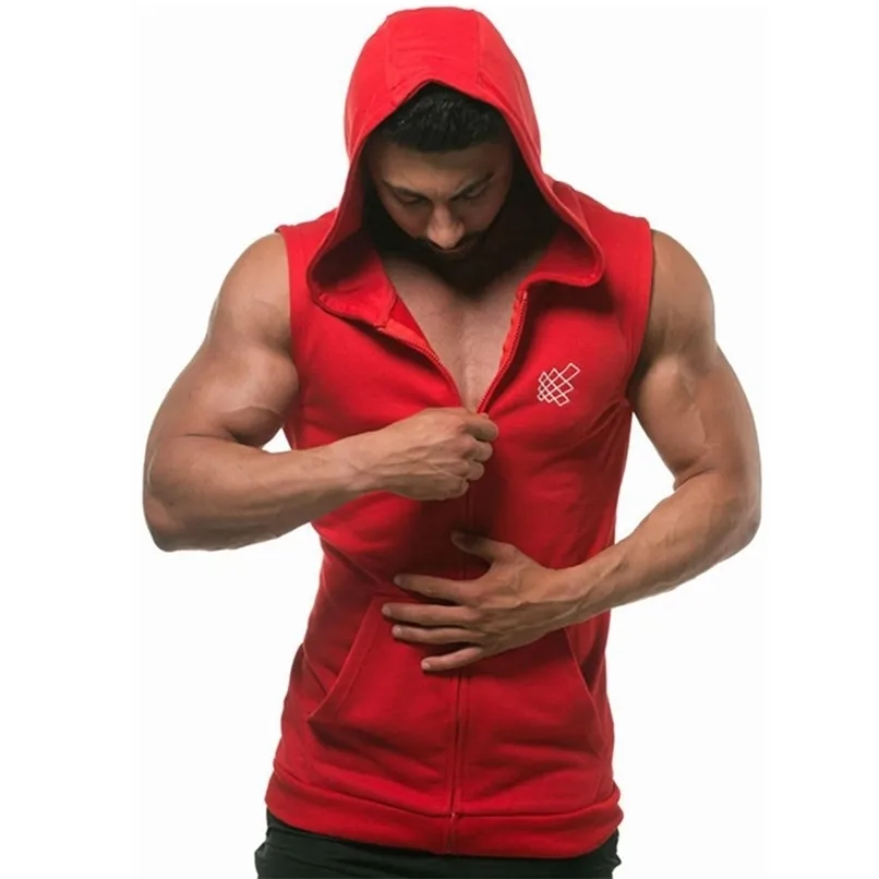 Chegada de algodão moletons fitness roupas de fitness muscle workout tank tampo top masculino com camisa esportiva sem mangas Capuz casual 220623