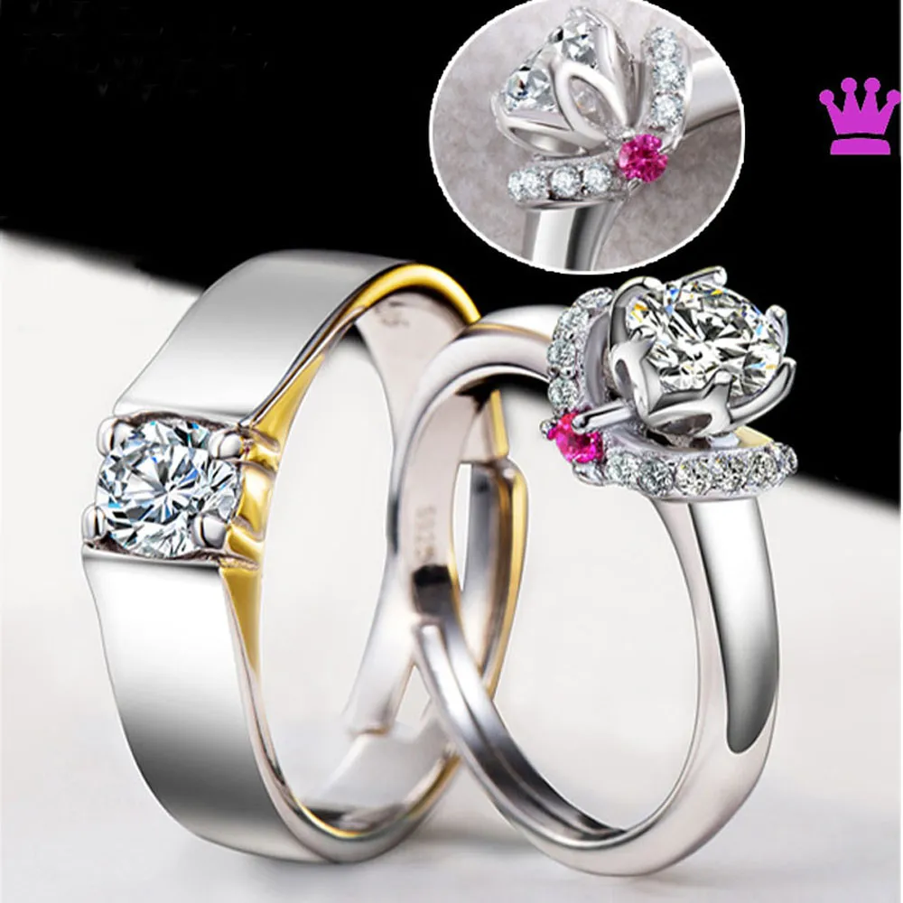 1pair klassiek koper vergulde zilver verstelbaar rood diamant paar ringen mannen vrouwen verloving trouwen met vinger sieraden Valentijnsdag jubileum cadeau accessoire
