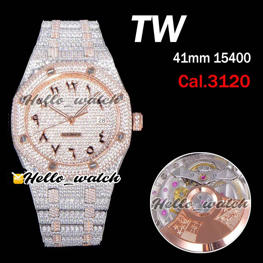 2022 V2 15400 A3120 Montre automatique pour hommes pavé de diamants écriture arabe montres entièrement glacées deux tons en acier or rose édition super luxe Bling bijoux E187D