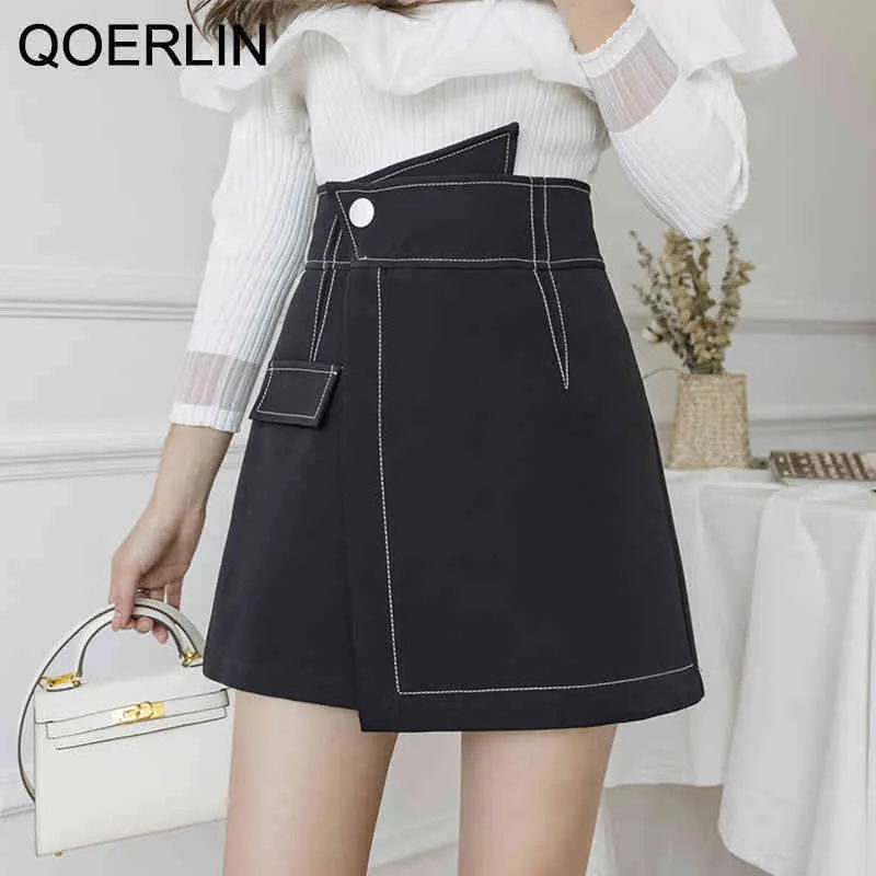 Qoerlin Spring Summer Skirt女性ハイウエスト不規則なアラインショートスカートオープンラインスカートミッドレングススカートショーツプラスサイズ210412