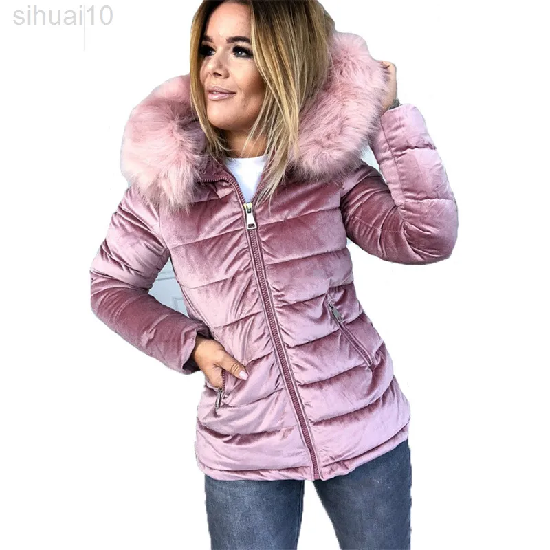 Winter Warm Halten Baumwolle Mantel Frauen Neue Mode Mit Kapuze Pelz Kragen Zipper Tasche Temperament Rosa Grau Oberbekleidung Tops L220730