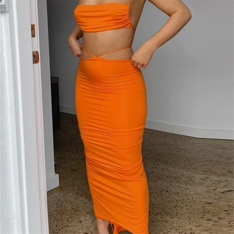 Orange 2 pièces ensemble femmes été Sexy licou haut court et jupe tenues mode dos nu jupe ensemble pour Club fête plage 220602