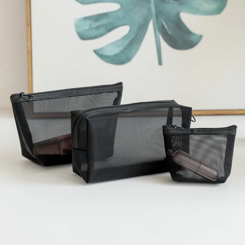Depolama Çantaları Kozmetik Çanta Siyah Örgü Şeffaf Taşınabilir Seyahat Makyaj Yıkama Organizatör Zipper Bagstorage