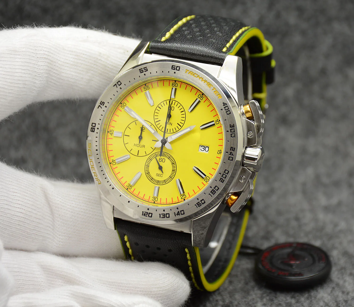 Pilota cronografo al quarzo cassa in acciaio inossidabile argento orologio da uomo orologi quadrante giallo cinturino in pelle cinturino in caucciù nuovo modello orologi da polso da uomo