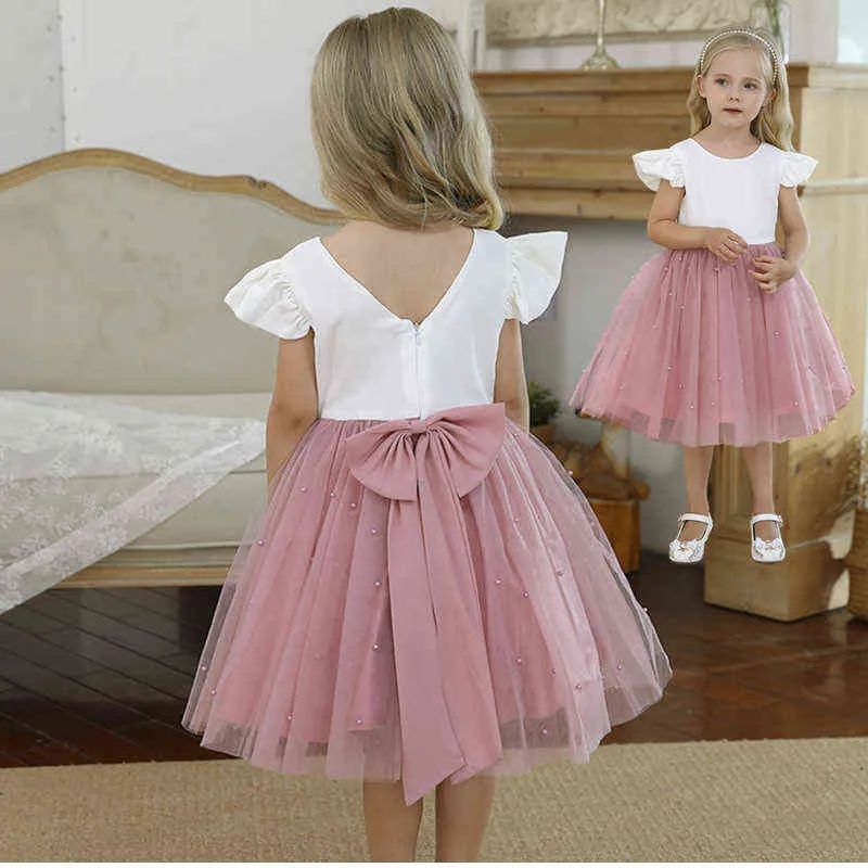 Sukienka dla niemowląt sukienka różowa perłowe cekiny sukienki eleganckie ubrania dla niemowląt sukienki dla dziewcząt Księżniczka sukienka G220518