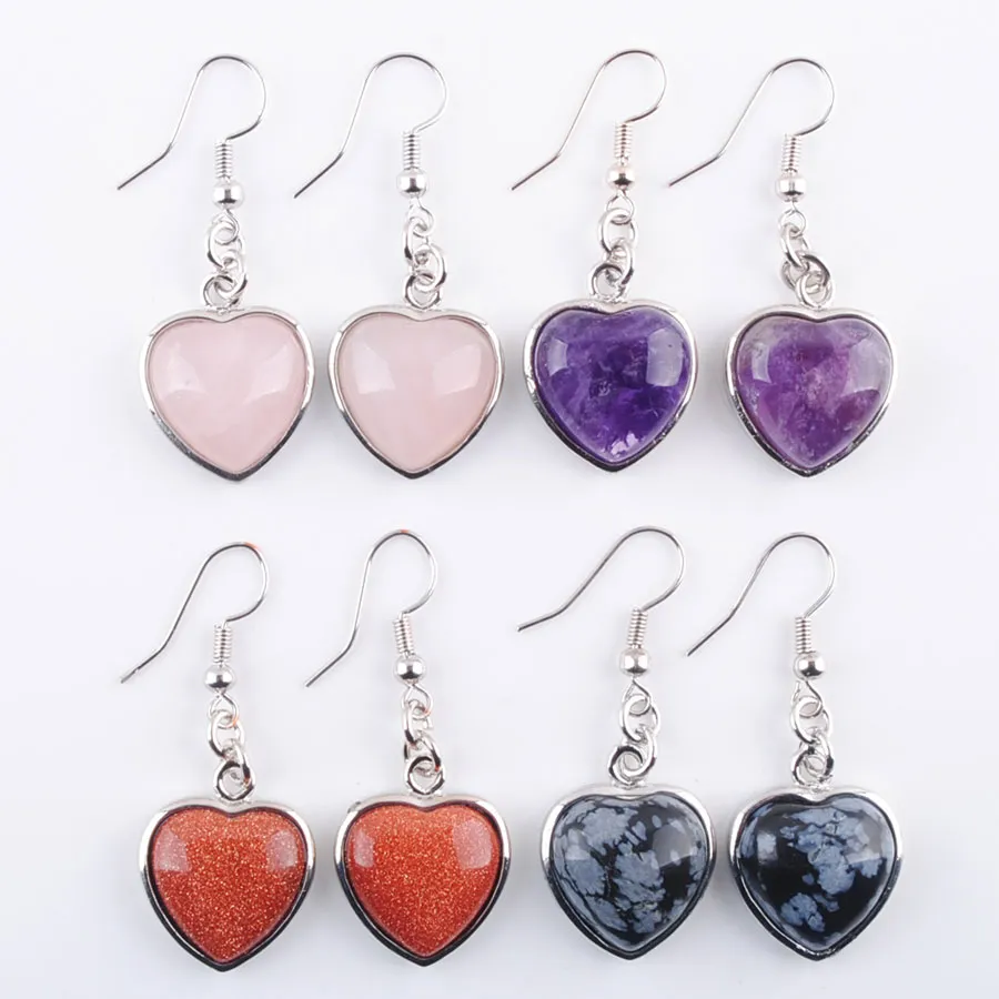 Natural Stone Love Heart Dangle Hook Earrings For Women Girls Jewelry Gift Gemstone Pendant Bead Drop Hanging Fashionable DBR323