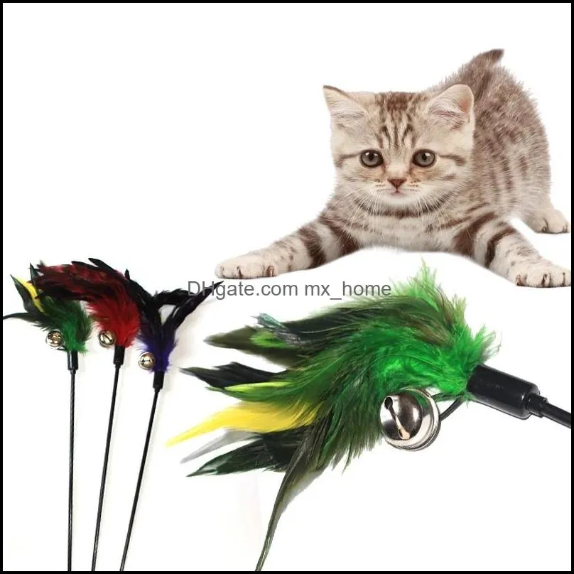 bell feathers pet toys soft colorful rod toy for cats kitten funny playing interactive cat supplies wll216