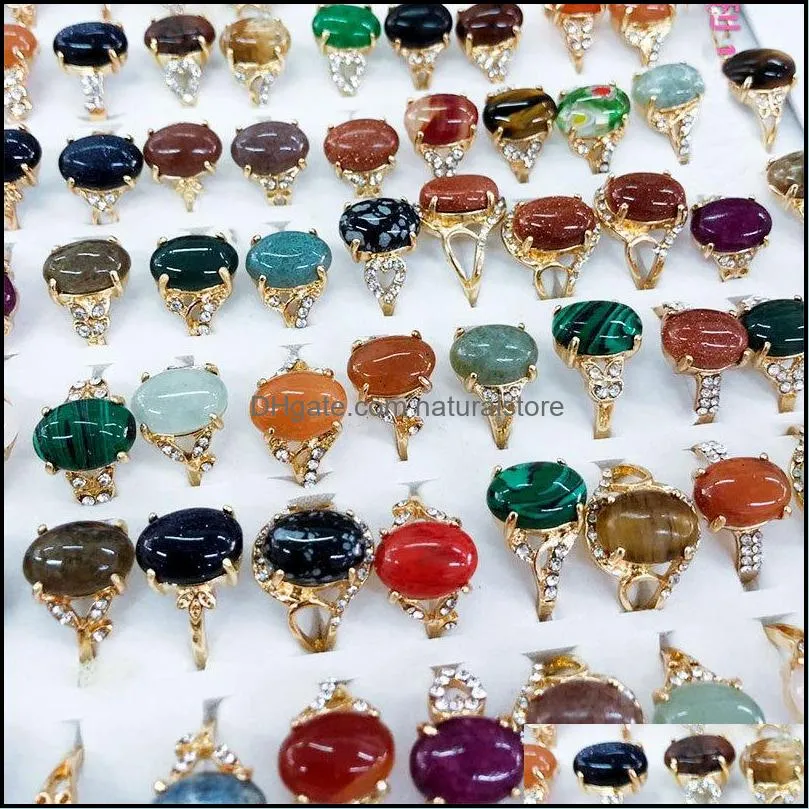oval shape natural stone ring 100 pieces / lot with jewelry box bulk crystal jewelry wholesale